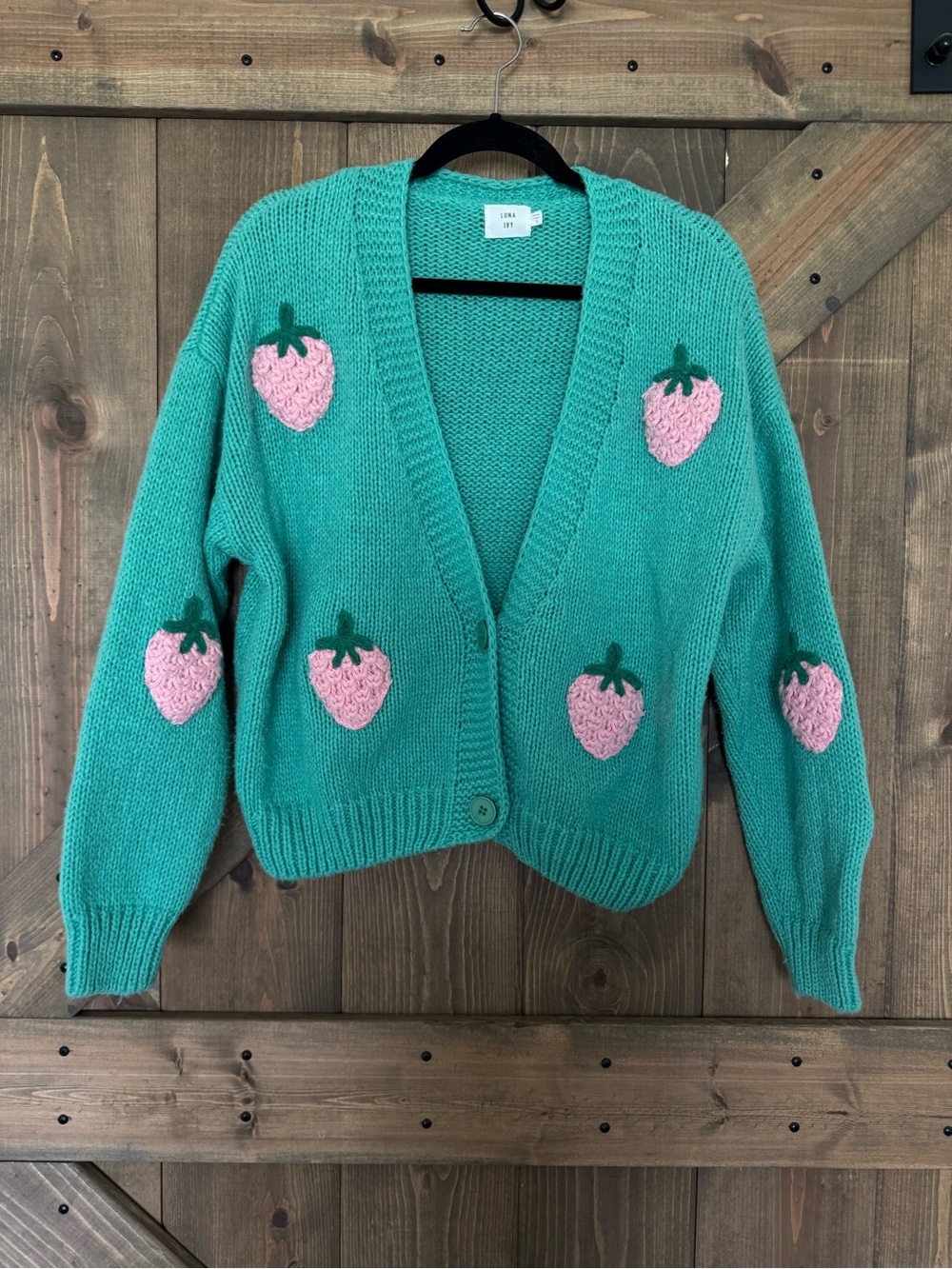 Luna Ivy Teal Strawberry Patch Knit Cardigan Sweater Size Small